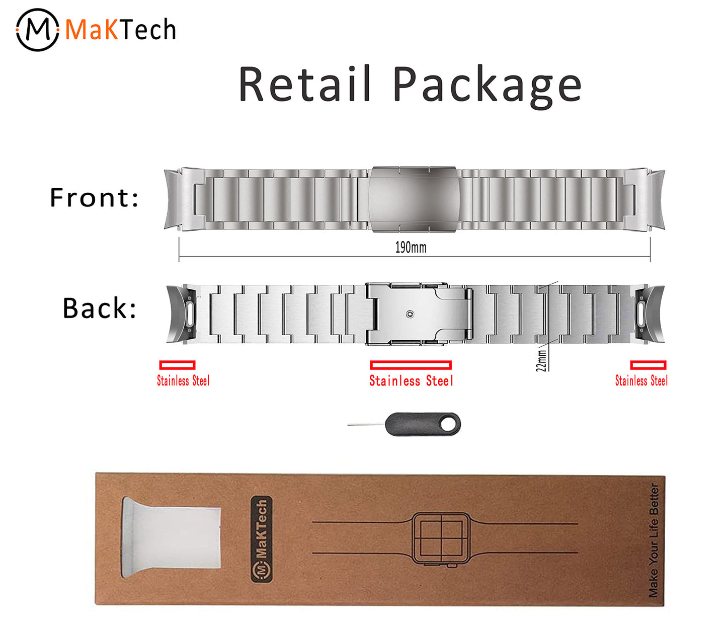 MaKTech Titanium Band,[No Gap] Metal Bracelet Strap with Spring Button,for Samsung Galaxy Watch